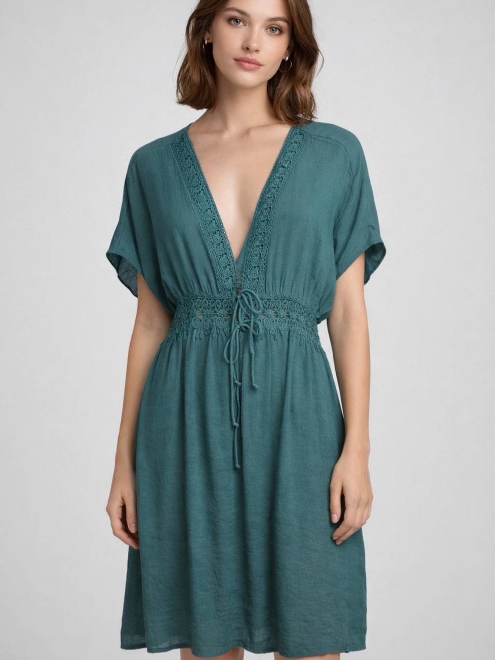 Time and Tru Teal V-Neck Midi Dress with Crochet Waist - Picture 4 of 4